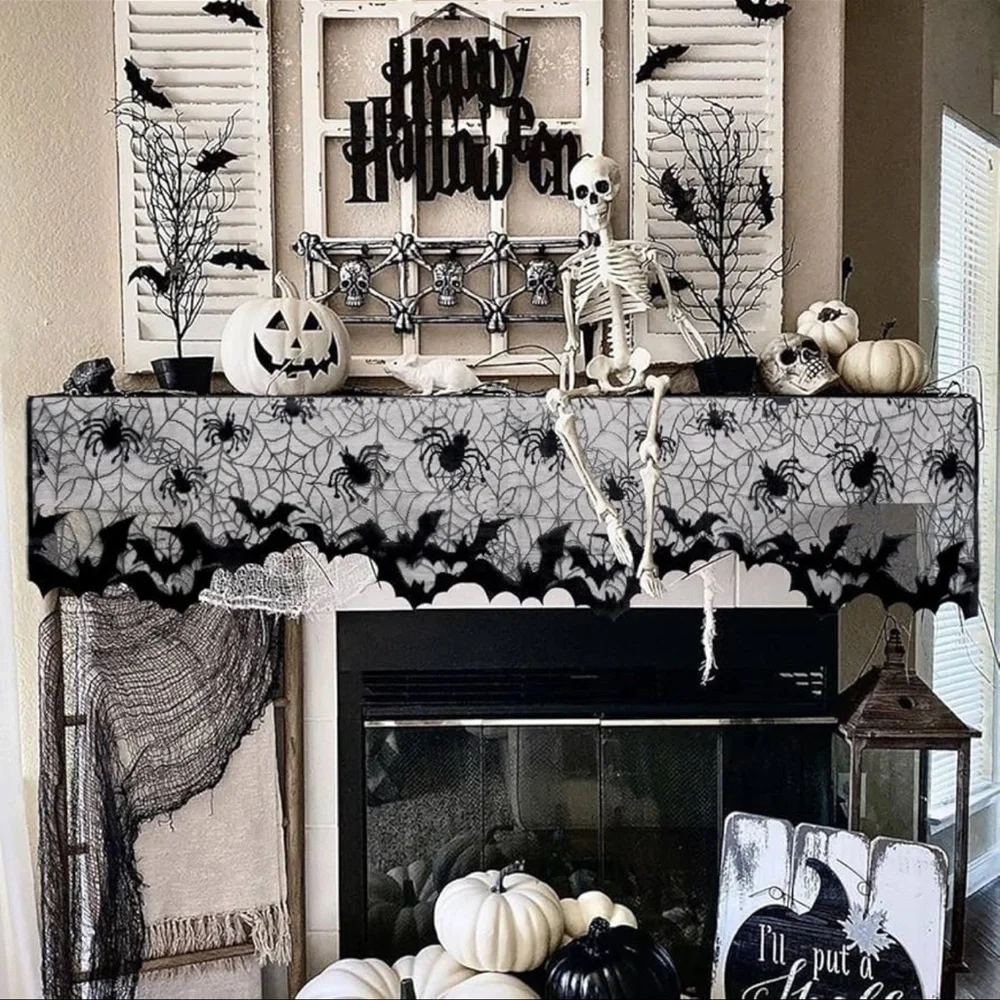 Halloween Lace Tablecloth & Mantel Scarf Set Spiderweb Black Gothic Décor